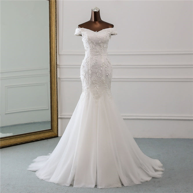 Gorgeous Long Tulle Off the shoulder Mermaid Lace-up Wedding Dress