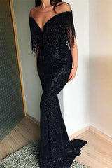 Long Off the Shoulder Sequined Mermaid Black Prom Dress