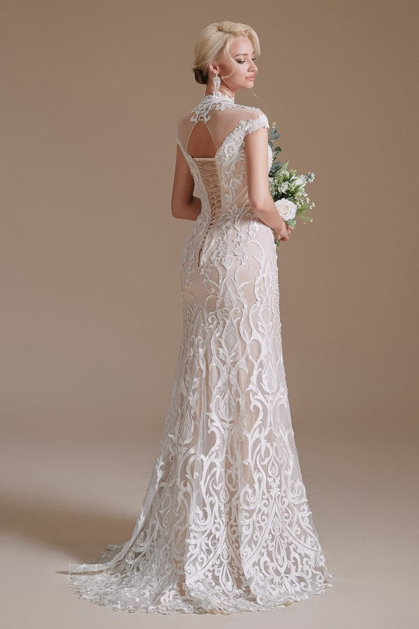 Vintage Long Mermaid High Neck Lace Wedding Dress with sleeves