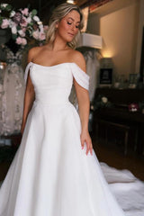White Long A-line Off the Shoulder High Slit Backless Wedding Dresses