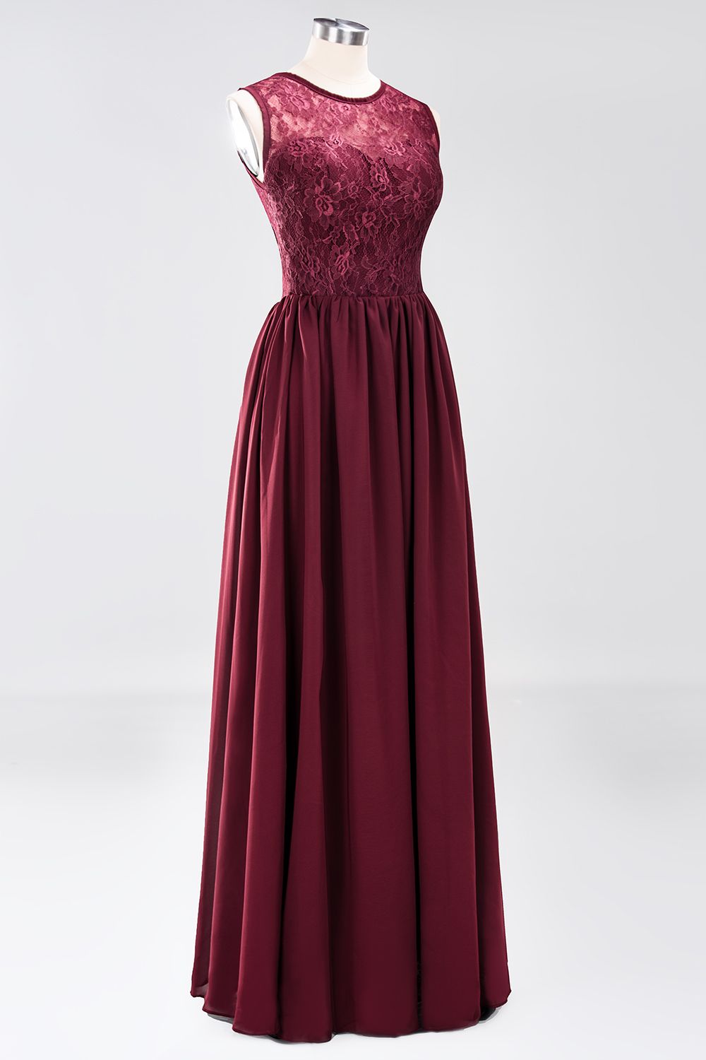 A-line Chiffon Lace Jewel Sleeveless Ruffles Floor Length Bridesmaid Dresses with Appliques