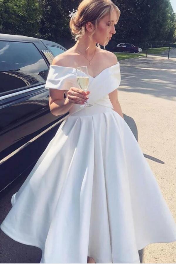 Simple Short A-line Satin Off the Shoulder Wedding Dress