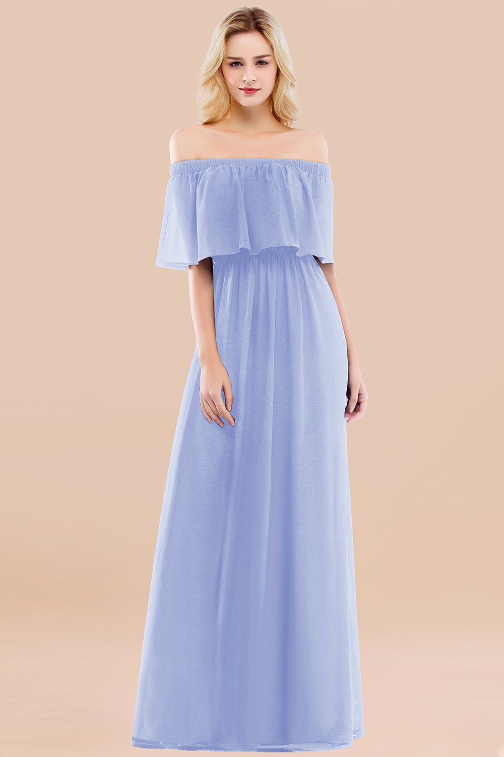 A-line Chiffon Off the Shoulder Short Sleeves Ruffles Floor Length Bridesmaid Dress