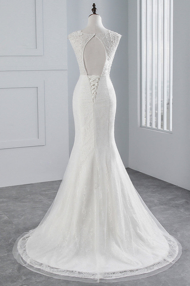 Glamorous Long Mermaid Jewel Tulle Sleeveless Wedding Dress with Appliques Lace