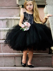 Short Black Ball Gown Sequin Tulle Sleeveless Jewel Neck Girl Party Dresses