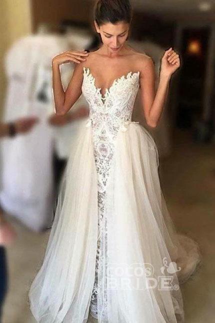 Vintage Ivory V-Neck Long Lace Tulle Mermaid Wedding Dress