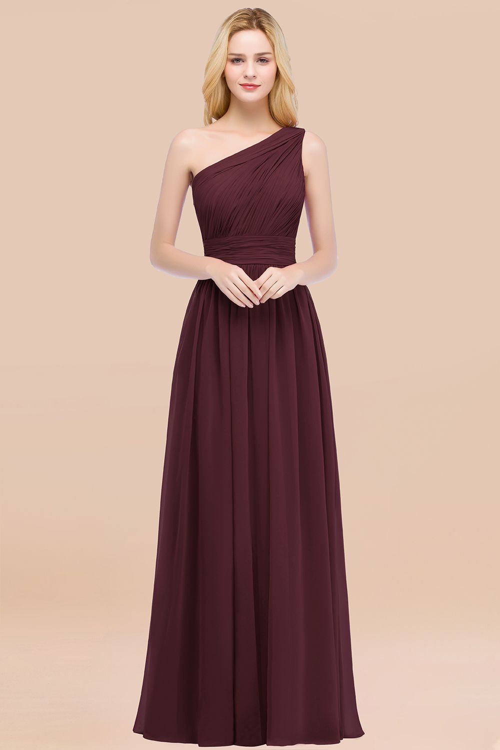 Elegant A-Line Chiffon One Shoulder Sleeveless Ruffles Floor Length Bridesmaid Dresses