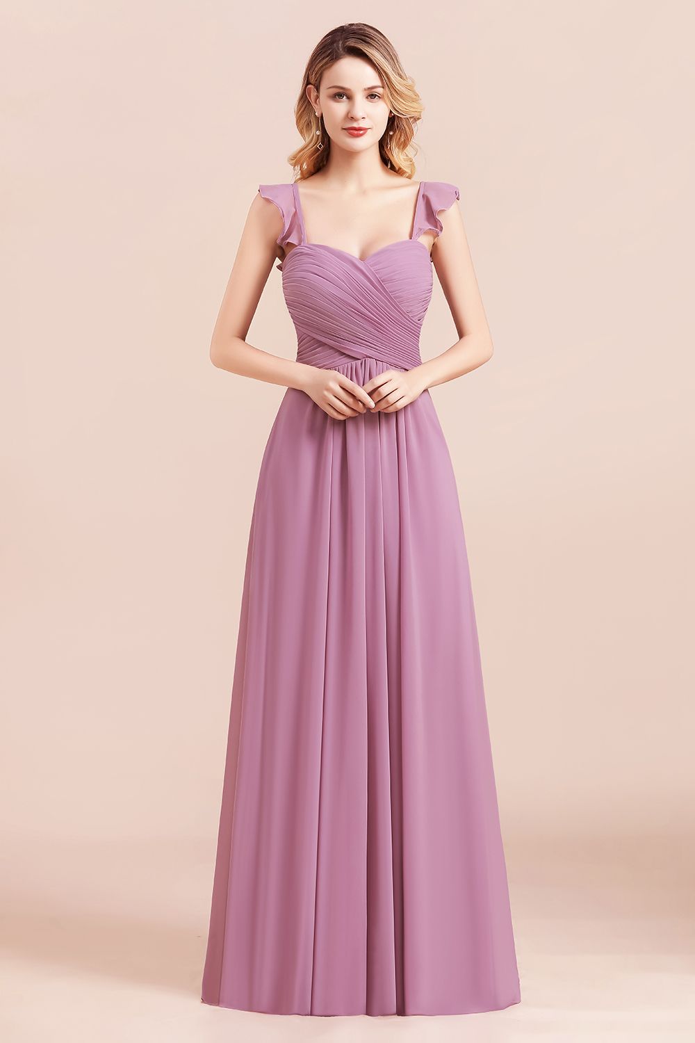 Sweetheart Ruffles Straps Chiffon Long Bridesmaid Dress A-Line Sleeveless Party Dress