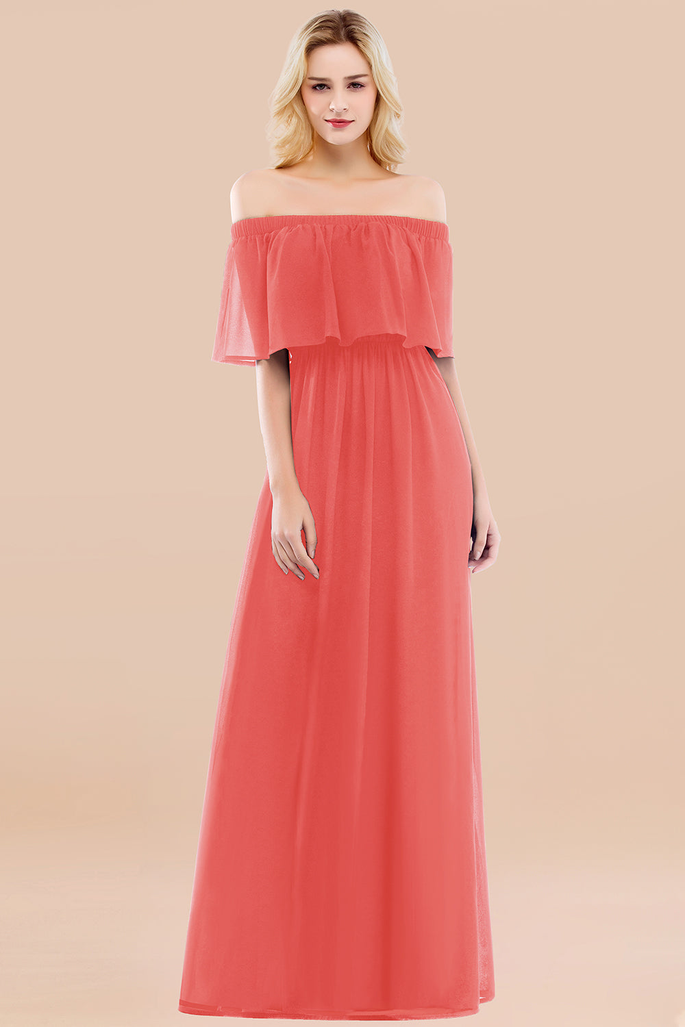 A-line Chiffon Off the Shoulder Short Sleeves Ruffles Floor Length Bridesmaid Dress