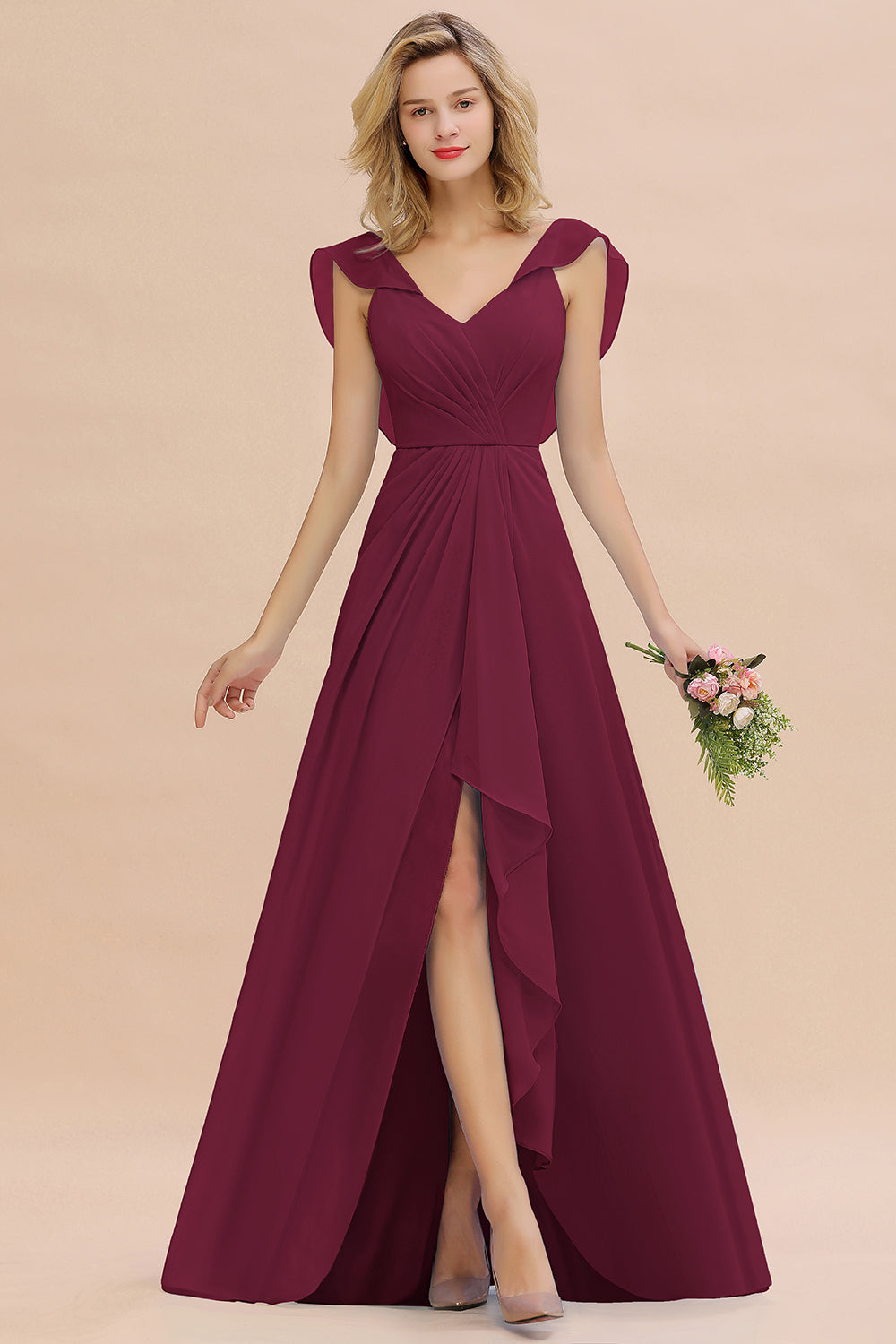 Simple High Low A-line V-Neck Ruffles Chiffon Bridesmaid Dress