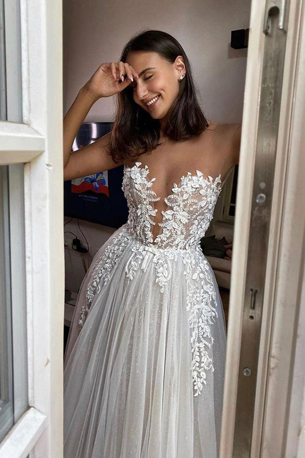 Gorgeous Long Tulle Appliques Lace A-line Floor Length Wedding Dresses