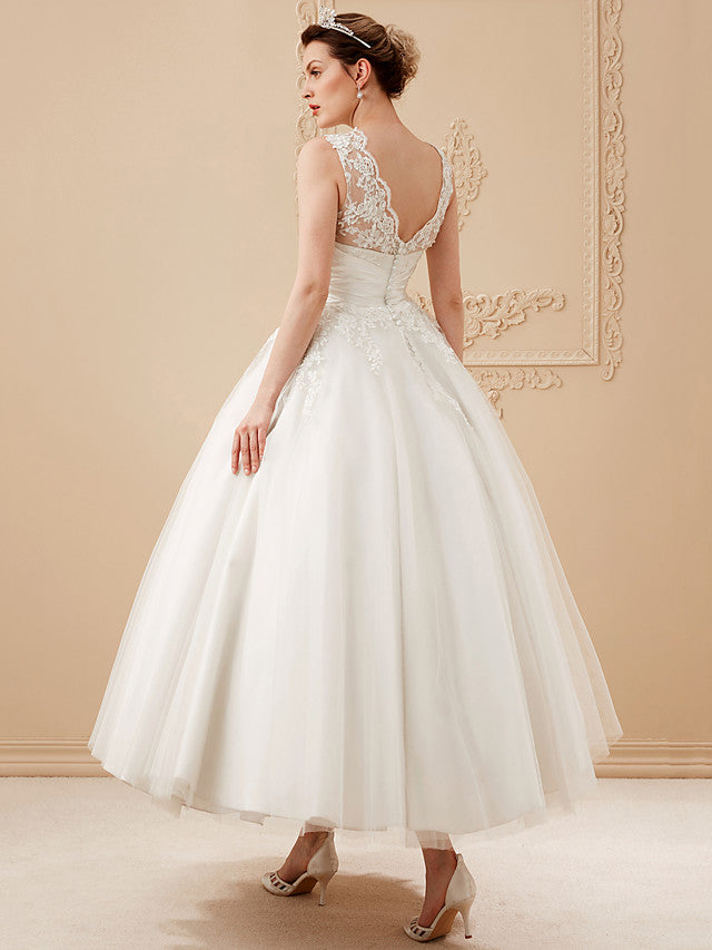 Short A-Line Satin Lace Ankle Length Vintage Wedding Dresses