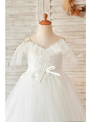 White Long Ball Gown Sleeveless Tulle Birthday Party Girl Dresses with Appliques Lace