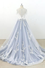 Long Appliques Lace Tulle A-line Wedding Dress es with Short Sleeve