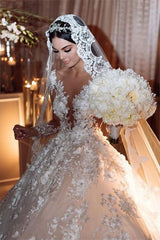 Gorgeous Bateau Long Sleeve Appliques Lace Backless Ruffles Floor Length A-line Wedding Dress