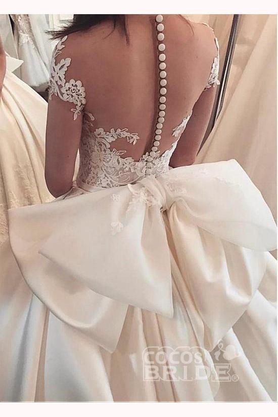 Elegant Long Sweetheart Satin Ball Gown Appliques Lace Bowknot Wedding Dress