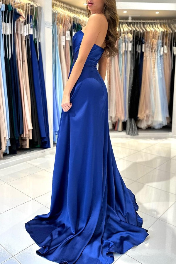 Elegant Long A-line Sweetheart Satin Formal Prom Dresses with Slit