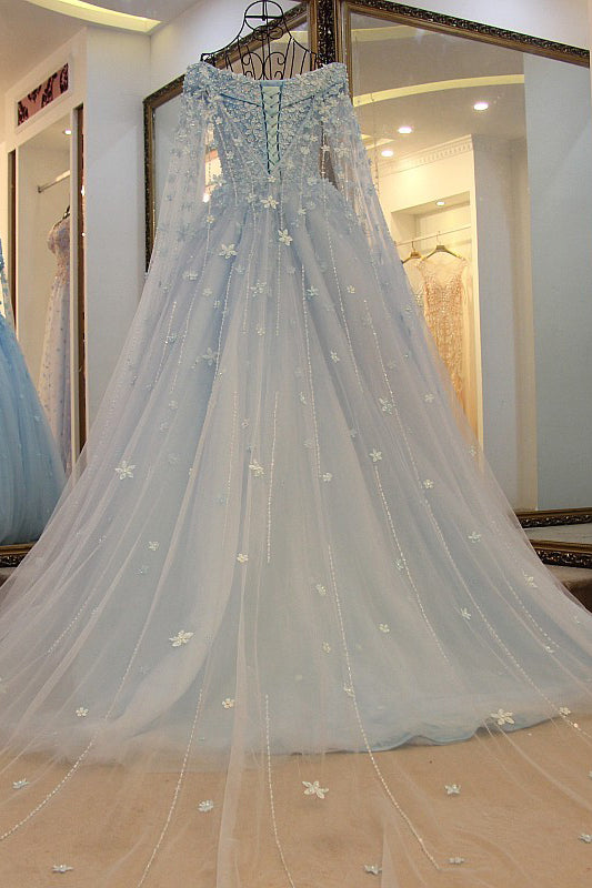Off the Shoulder Tulle Long Sleeves Beading Flower Ball Gown Prom Dress