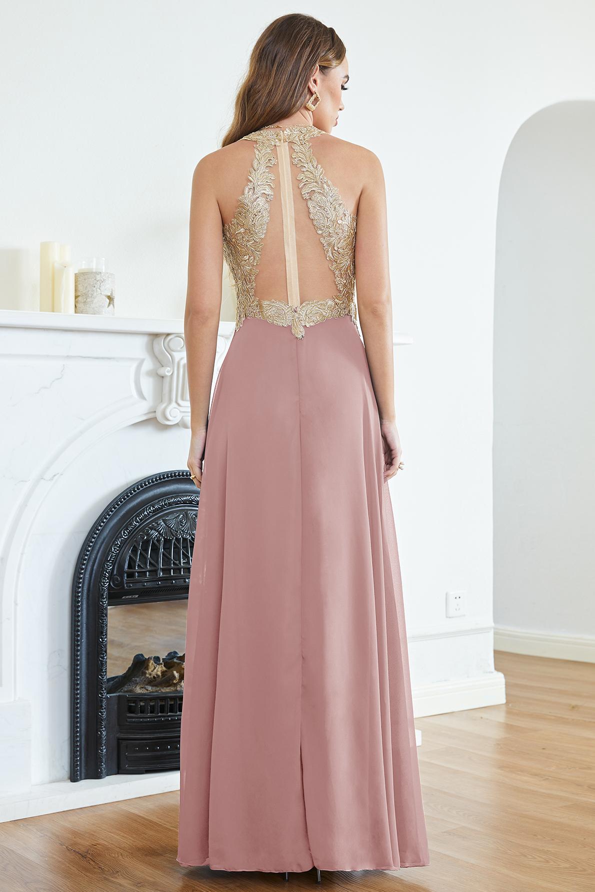 Long Halter Gold Lace Appliques A-line Chiffon Formal Evening Dress
