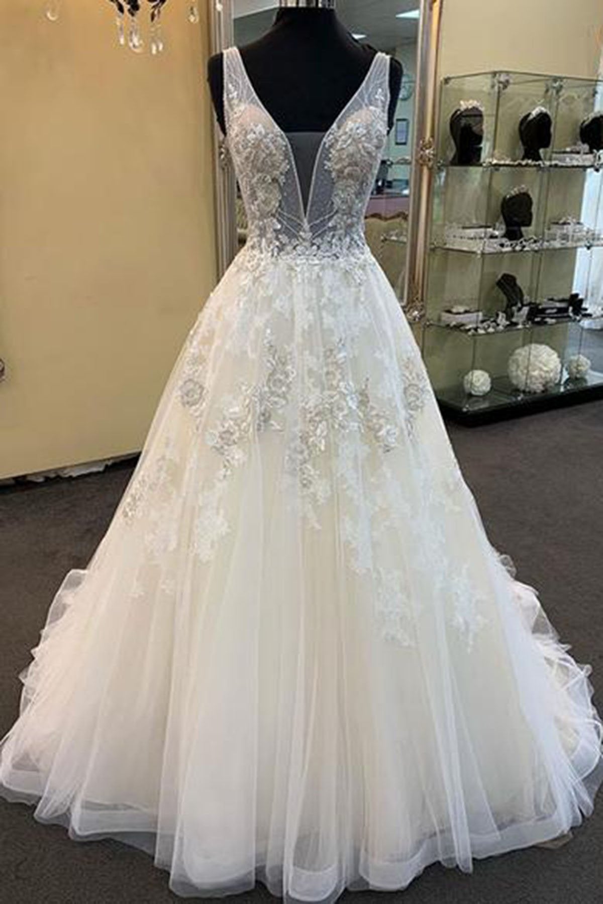 Unique White Tulle V Neck Long A-line Beaded Lace Wedding Dress