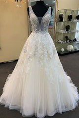 Unique White Tulle V Neck Long A-line Beaded Lace Wedding Dress