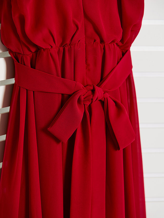 Red Long A-line Spaghetti Strap V-neck Chiffon Junior Bridesmaid Dress