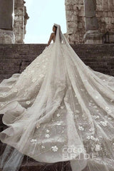 Luxury Tulle Beaded Long Sleeves Lace Ball Gown Wedding Dress