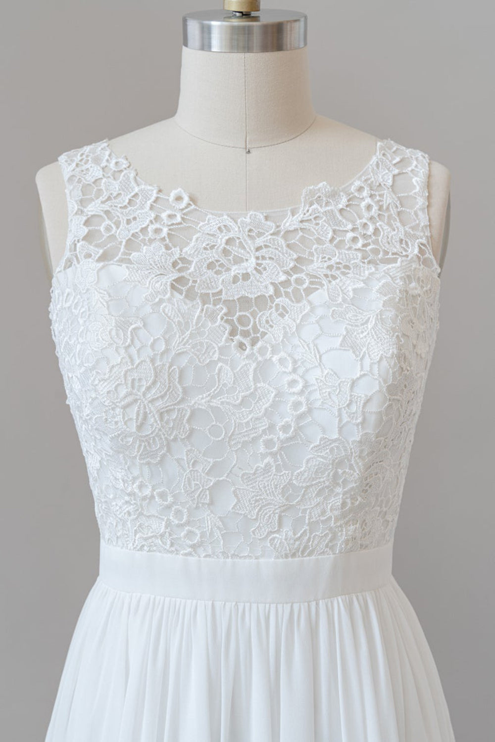 White Long A-line Straps Chiffon Lace Boho Wedding Dresses