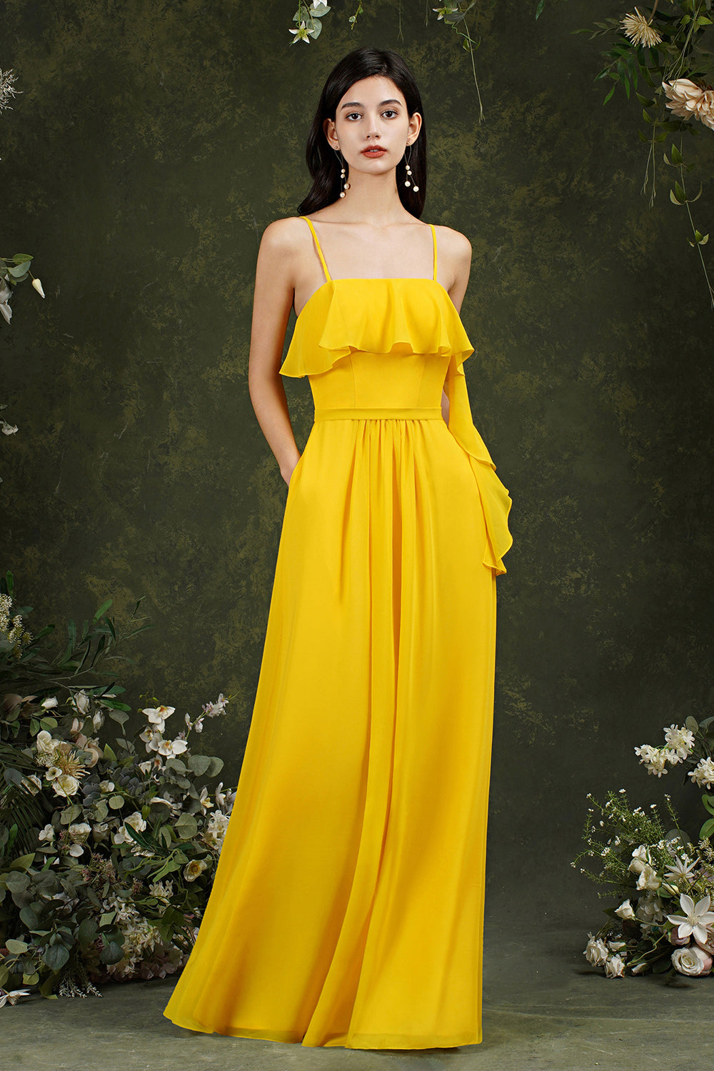 Stunning Chiffon Spaghetti Straps A-line Backless Ruffles Bridesmaid Dress With Pockets