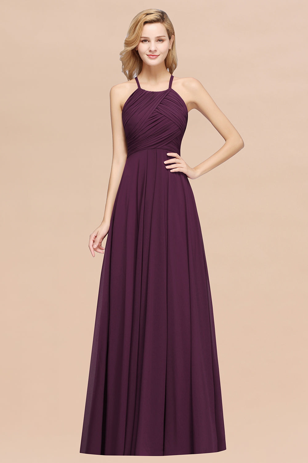 A-Line Chiffon Halter Ruffles Floor Length Bridesmaid Dress