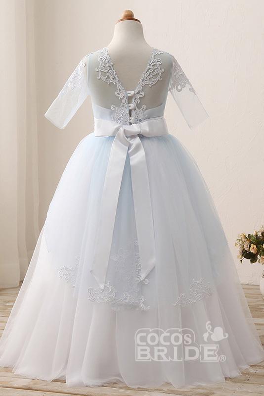 Long Scoop Neck 1/2 Sleeve Ball Gown Flower Girl Dress