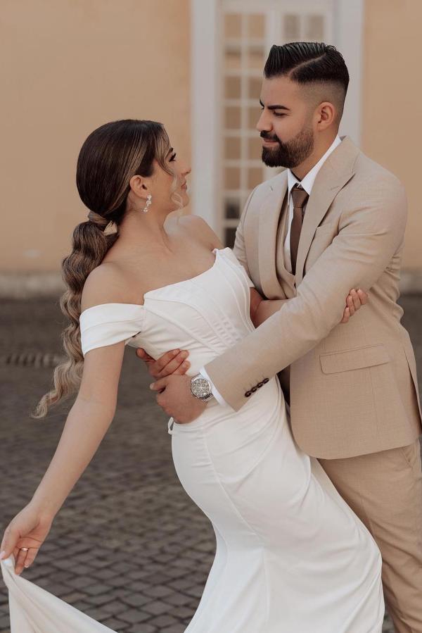 Simple Long Mermaid Off the shoulder Satin Wedding Dress with slit