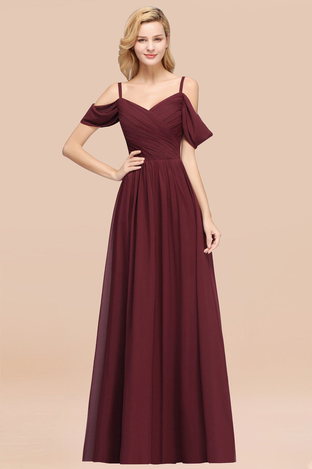 A-Line Chiffon V-Neck Spaghetti Straps Short Sleeves Floor Length Bridesmaid Dresses with Ruffles