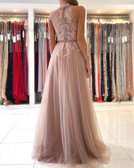 Stunning Long A-line Halter Tulle Formal Prom Dress with Lace Appliques