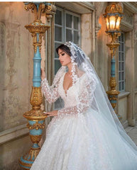 Gorgeous A-Line Deep V-neck Appliques Lace Long Sleeve Train Wedding Dress