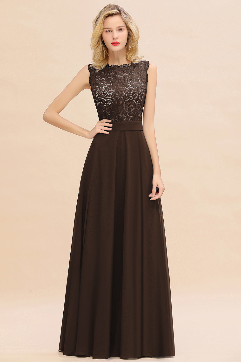Long A-line Chiffon Lace Sleeveless Bridesmaid Dresses