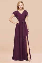 A-line Chiffon V-Neck Short Sleeves Floor Length Bridesmaid Dresses with Bow Sash