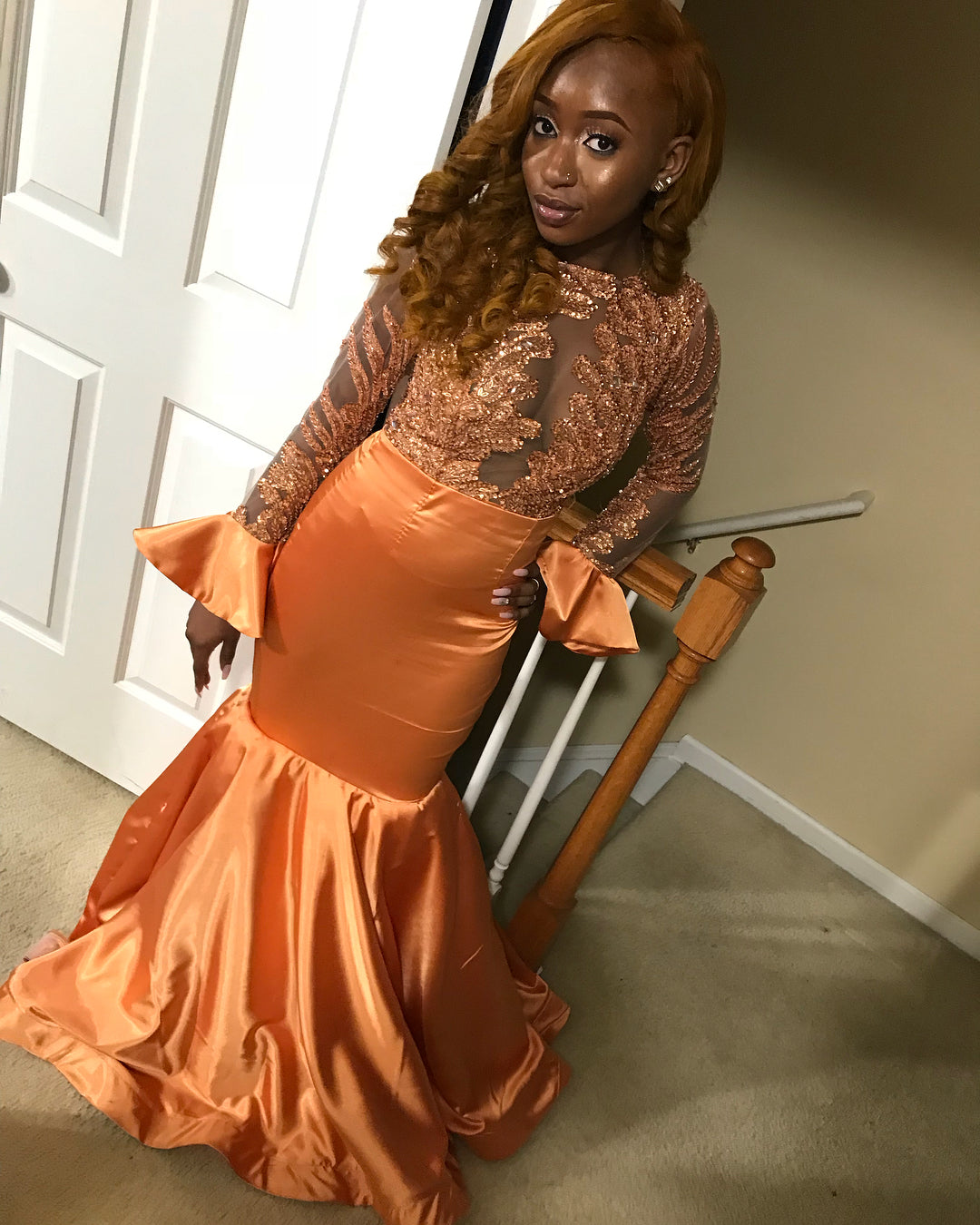 Elegant Long Jewel Satin Mermaid Prom Dress with Sleeves