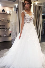 Elegant White Long A-line Lace Appiliques Tulle Wedding Dresses