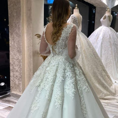 Elegant Long A-Line V-neck Appliques Lace Tulle Wedding Dress With Puffy Sleeves