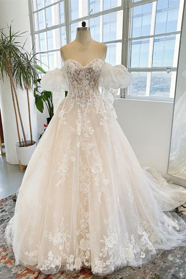 Modest Long A-line Sweetheart Tulle Lace Wedding Dresses