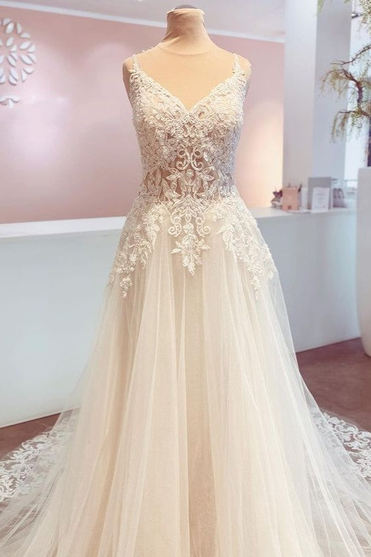 Long Spaghetti Straps Appliques Lace Backless A-Line Train Wedding Dress