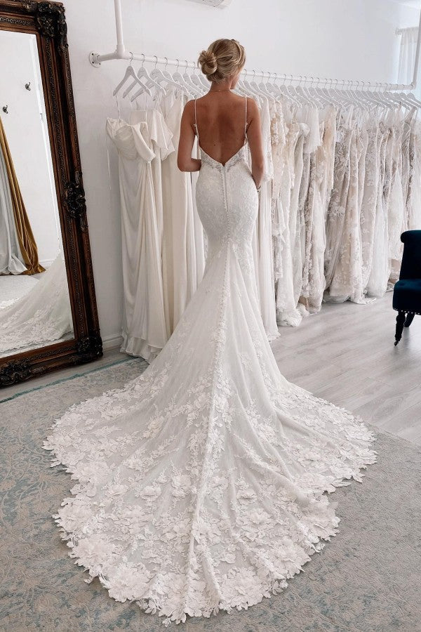 Modest Long Mermaid V-neck Backless Lace Wedding Dresses
