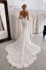 Modest Long Mermaid V-neck Backless Lace Wedding Dresses