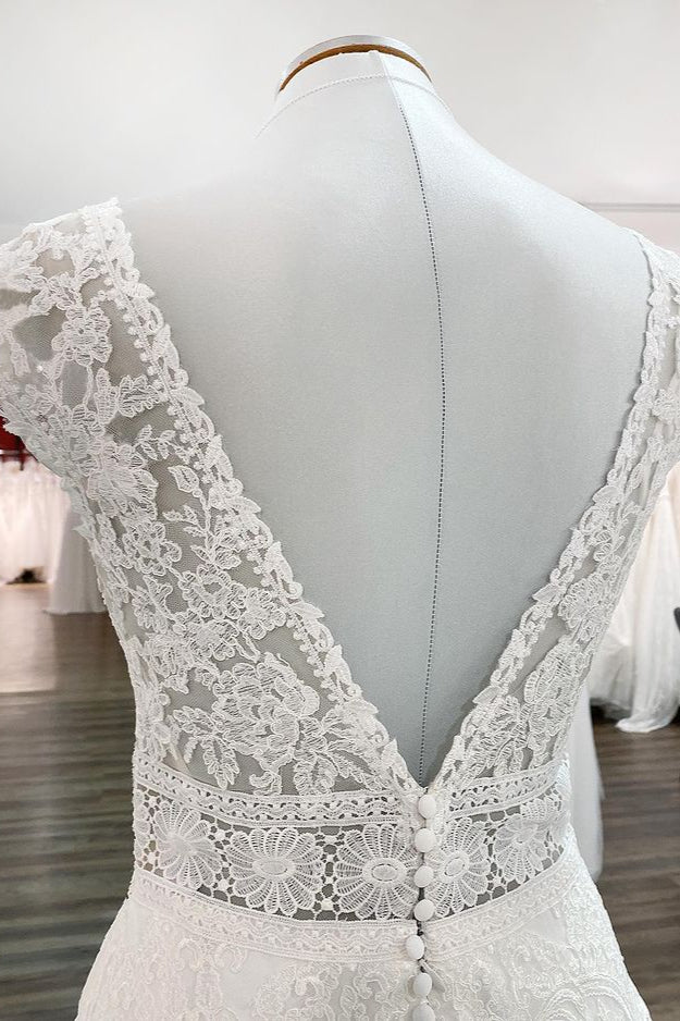 Simple Long A-line V-neck Tulle Wedding Dress with Appliques Lace