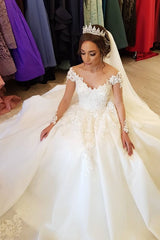 Gorgeous Long A-line Tulle Lace Off the Shoulder Wedding Dress with Long Sleeves