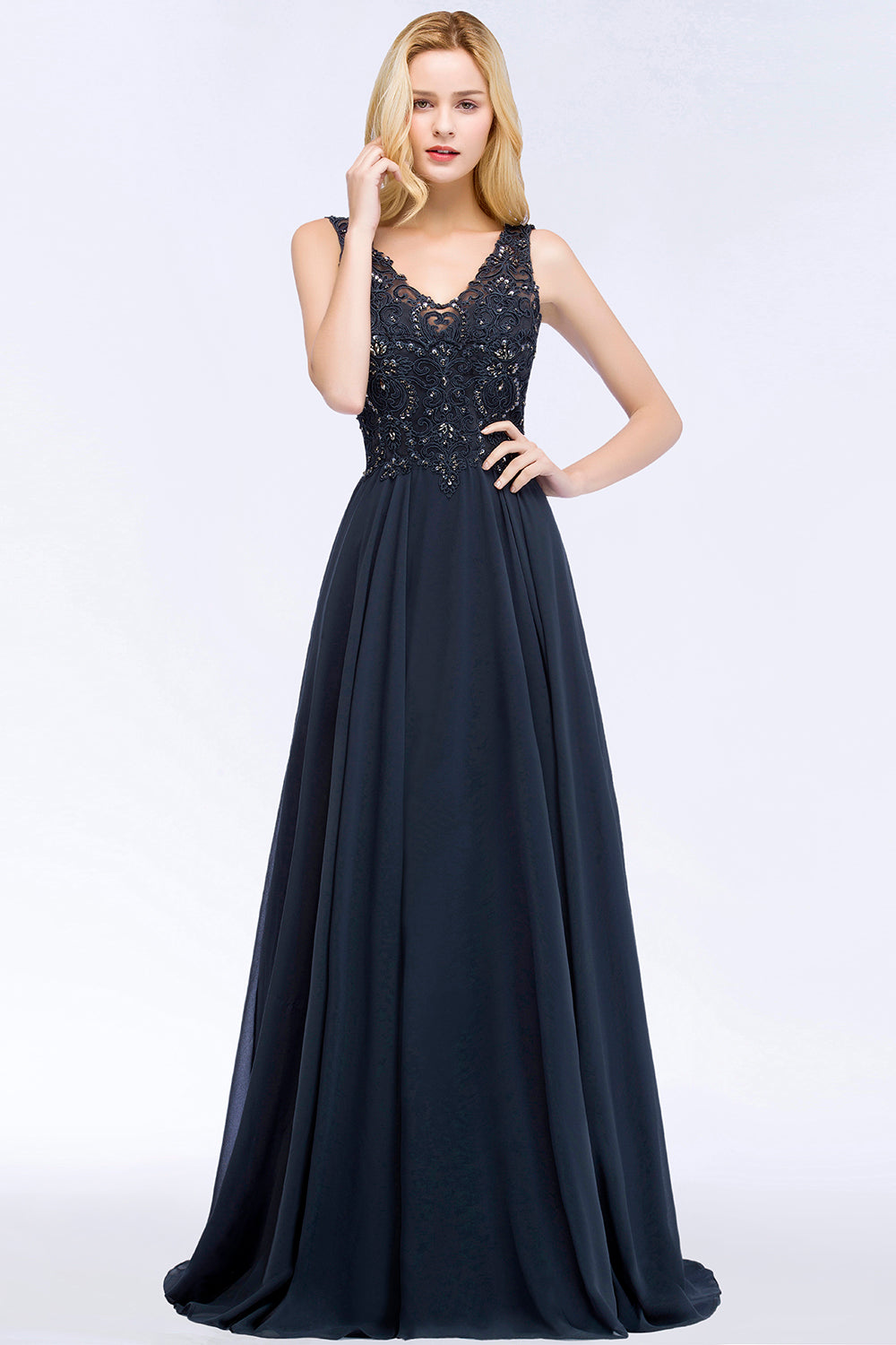 A-line Chiffon Appliques V-neck Sleeveless Floor Length Bridesmaid Dresses with Crystals