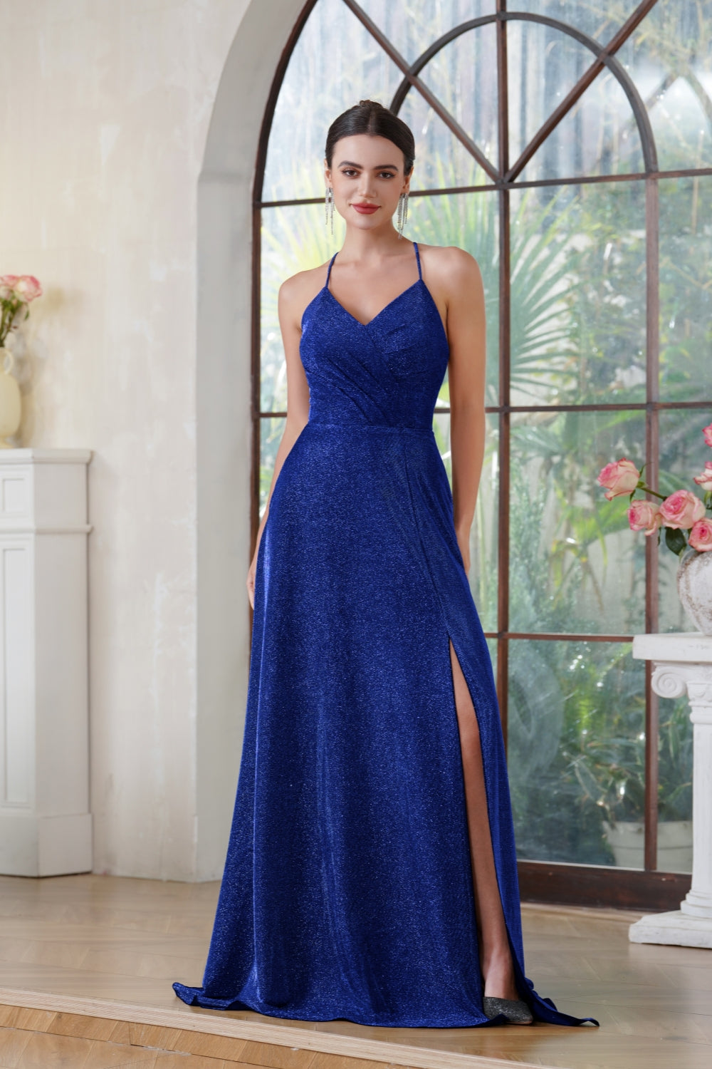 Glitter Long A-line Halter V-Neck Floor Length Side Split Formal Prom Dresses with Pocket