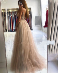 Long A-line V-neck Tulle Backless Prom Dress with Slit