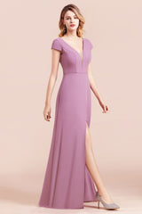 Stylish V-neck Backless A-Line Short Sleeves Chiffon Bridesmaid Dress Wth Side Slit Pockets